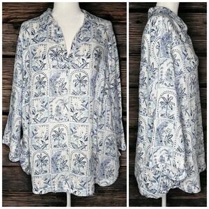 C&C California 100% Linen Blouse 2X Blue White Tile Beach Coastal Key West Tunic
